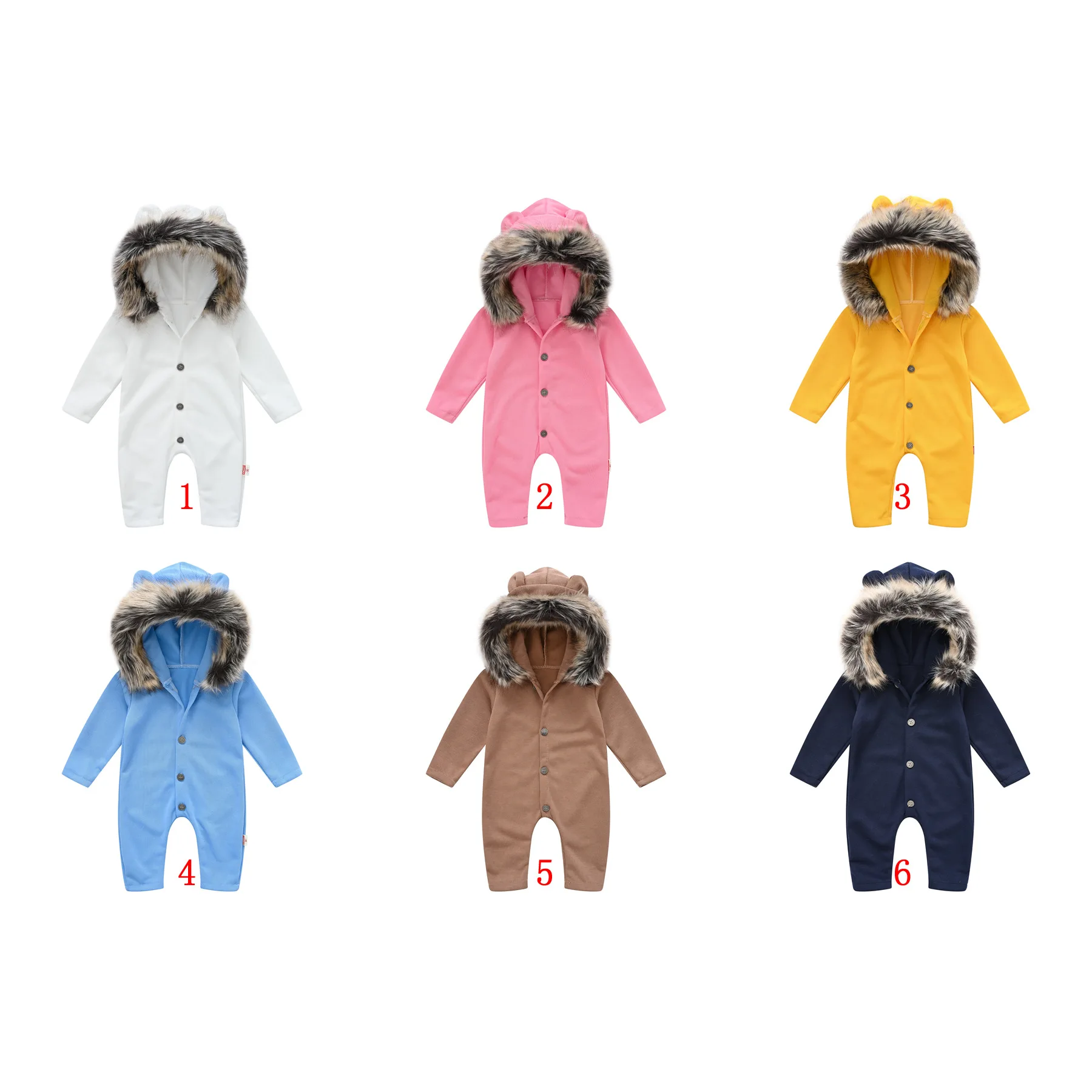 

2024New 0-3 years old baby crawling suit new solid color long-sleeved hooded fur collar onesie boys and girls baby crawling suit