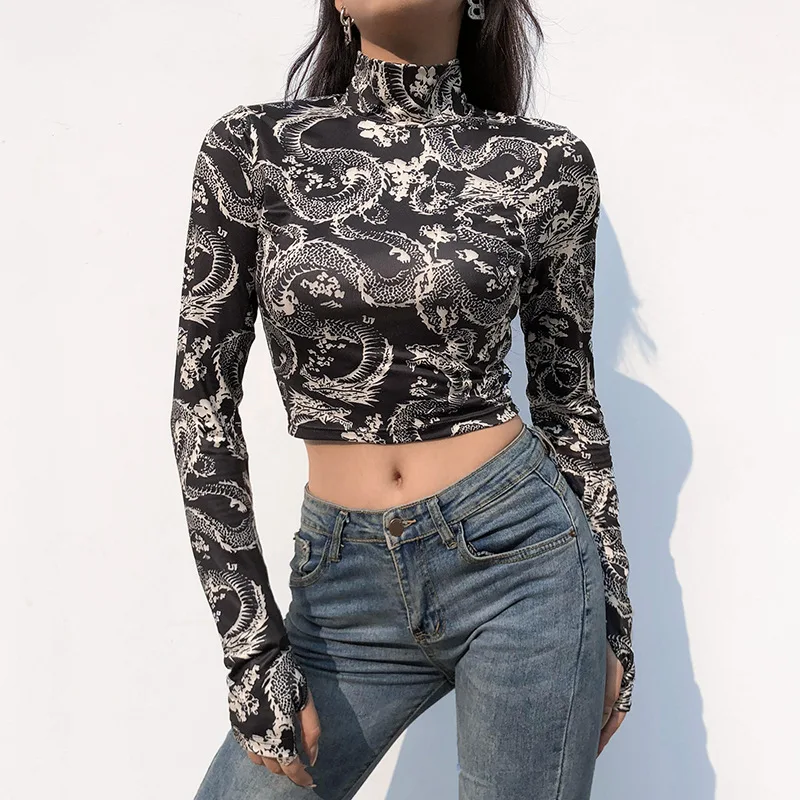 

Women's Dragon Print Y2k T-Shirts Femme Clothing 2023 Indie Harajuku Turtleneck Skinny Long Sleeve Gothic Aesthetic Crop Top Tee