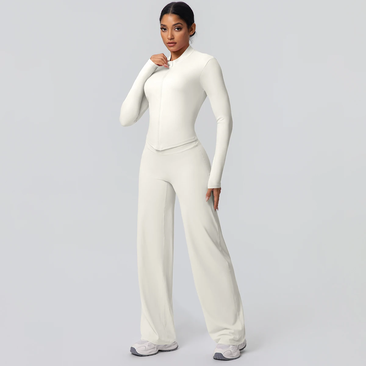 2 stück Schnell Trocknend Sport Fitness Kleidung Yoga Set Frauen Yoga Zipper Lange Ärmel Hohe Taille Atmungsaktive Breite Bein Hosen set – Detail 28