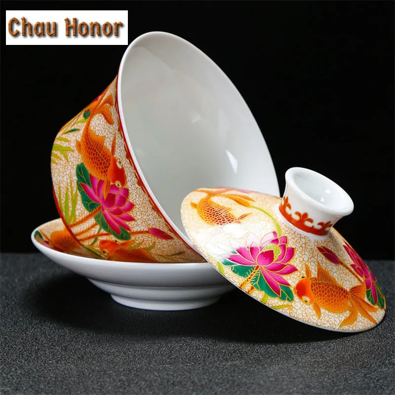 250ml Enamel Color Sancai Gaiwan Master Cups Retro Chinese Tea Set Teacup Lid And Saucer Set Teaware Chrysanthemum Tea Teaware - Image 2