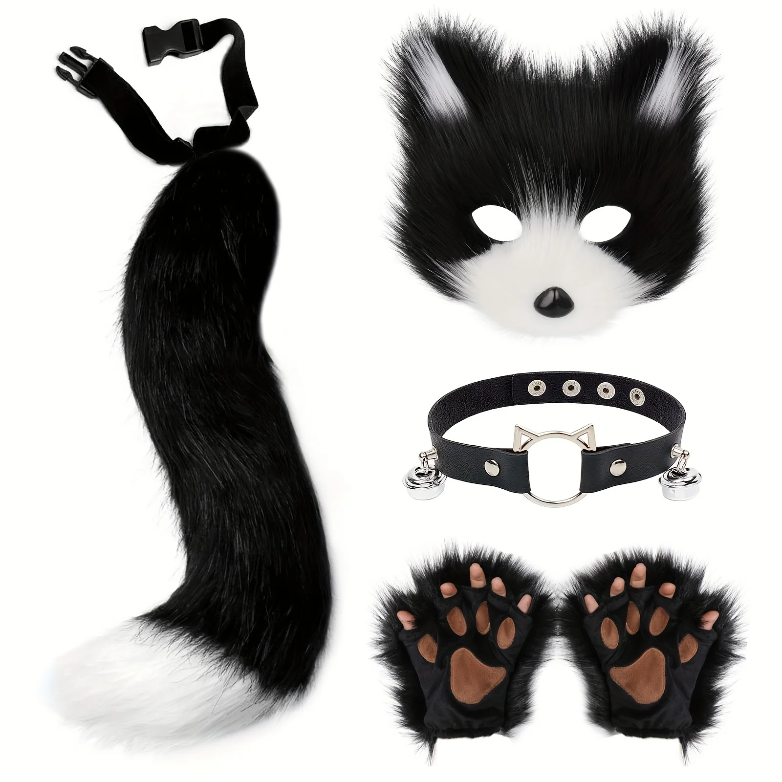 5pcs Hot Sale Fluffy Fur Fox Tail Cat Paws Gloves Wolf Mask Set Halloween Cosplay Costume Accessories Theme Party Dress Up Props