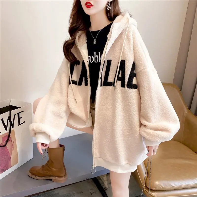 Vintage Mit Kapuze Strickjacke Lamm Wolle Jacken Frauen Plüsch Dicke Mid-länge Fried Street Mit Kapuze Mantel Herbst Winter Trend Hoodie frauen