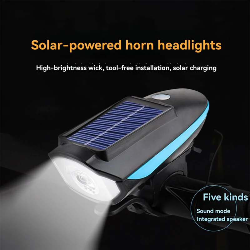 Solar Powered Bike Light Waterproof Bicycle Headlight With 120Db Horn High Brightness LED 80M Visibility