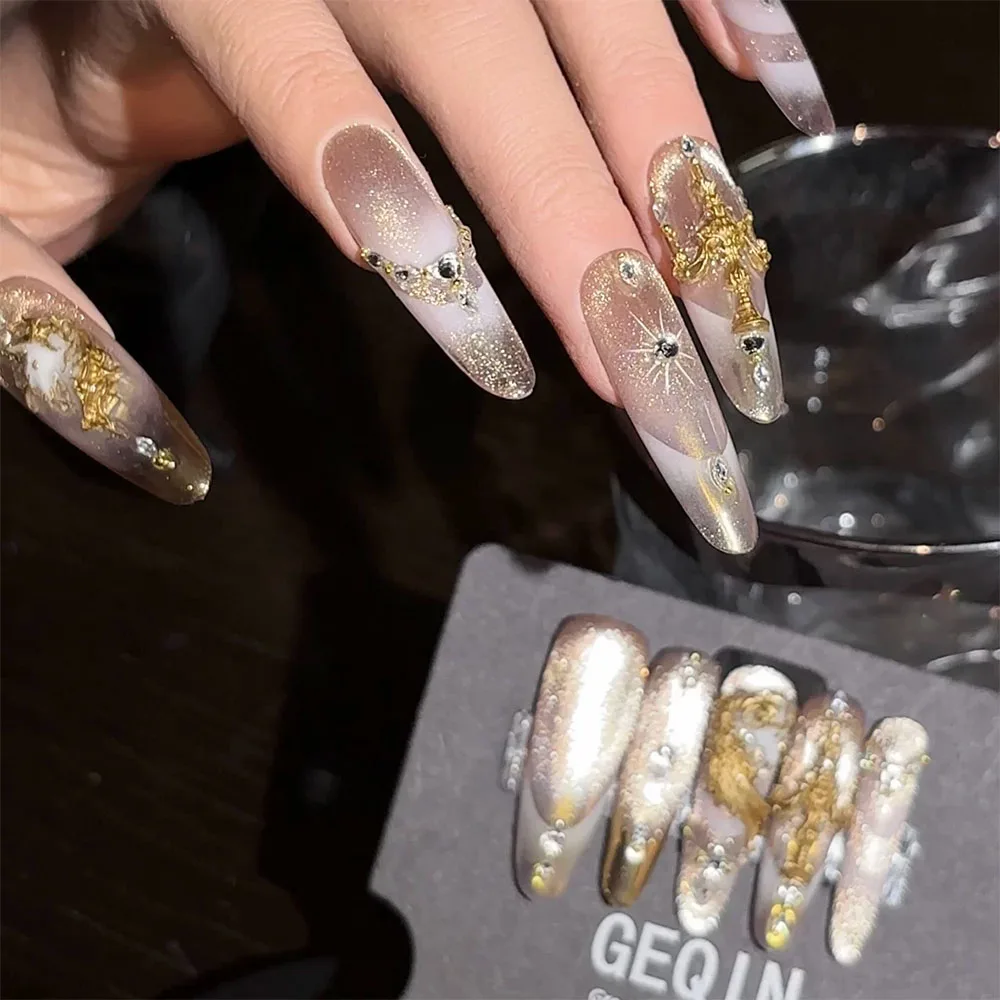 Dreamy Gorgeous Style Glitter Diamond Handmade Nail Patch Cat's Eye Pearl Lace Chain Long Press On Nails Birthday Gift Stickers