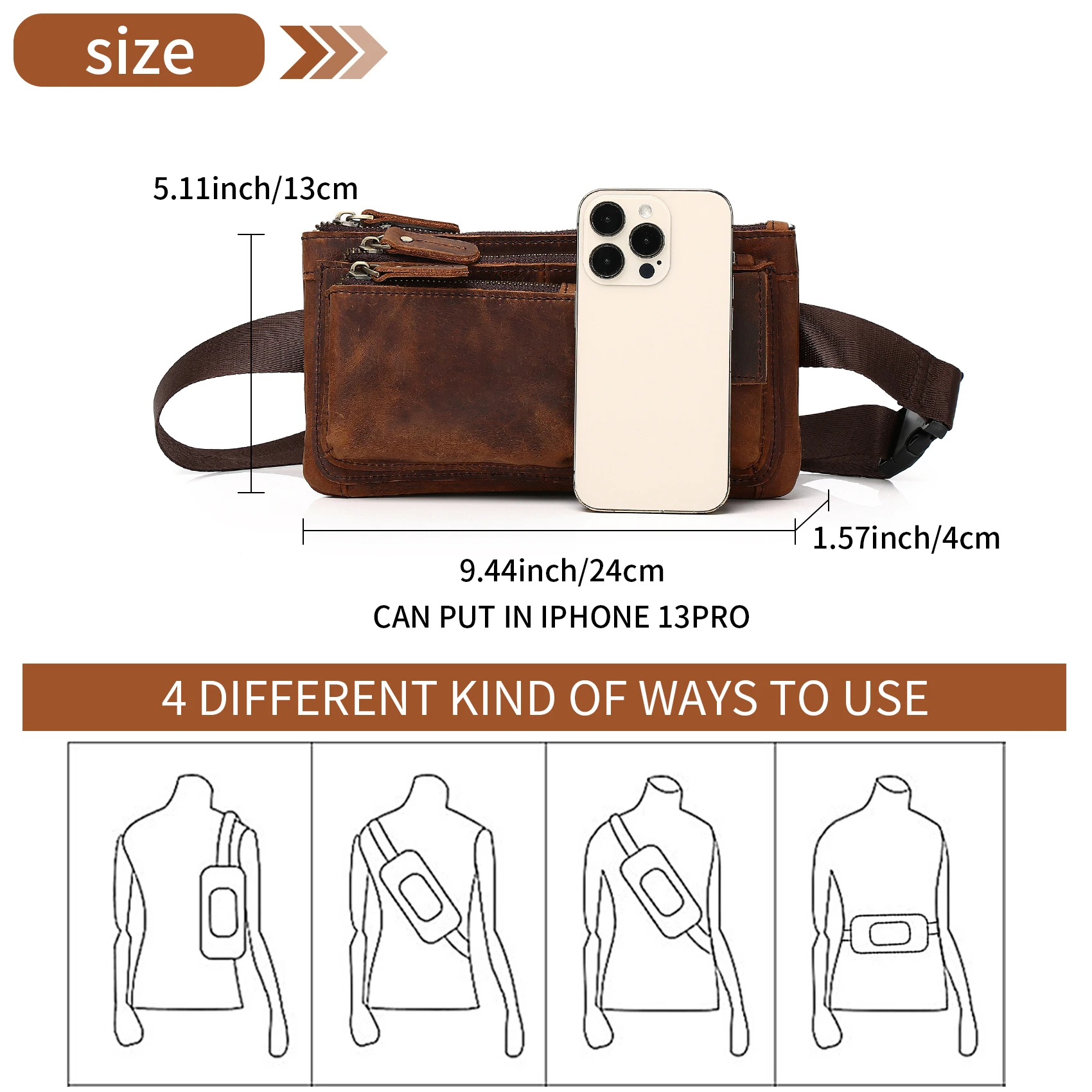 Vintage Leather Waist Bag Fanny Pack for Men Women Hip Bum Bag Belt Slim Chest Bags Cell Phone Purse Wallet Crossbody Sling Pou