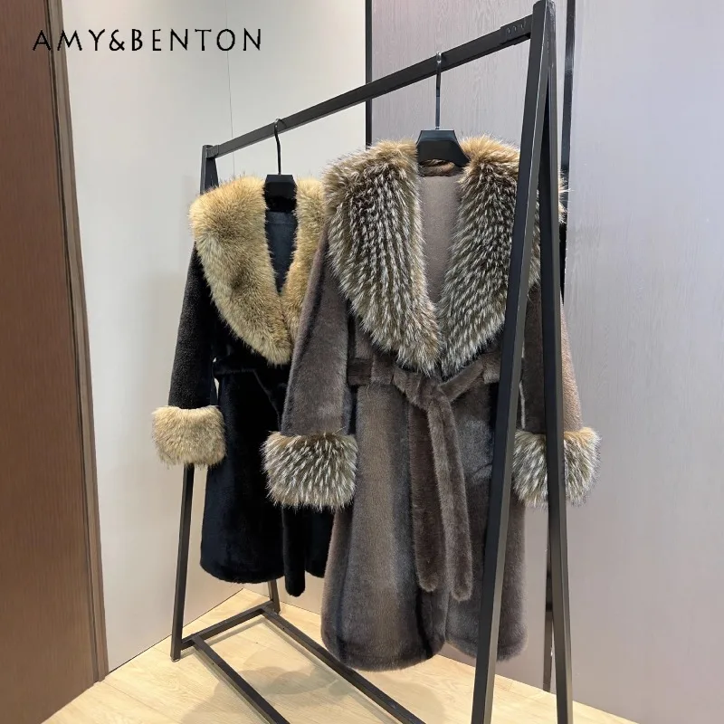 Autumn Winter New Woolen Coat Women's Fashion Warm Long Faux Mink Fur Large Furry Collar Jacket Long Sleeves Elegant Warm Top