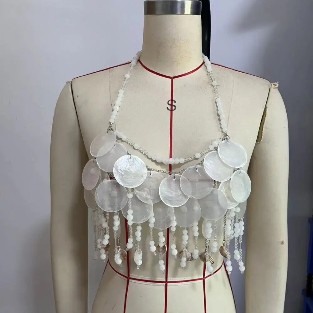 Handmade Shell Beaded Bra Top Sequins Pearls Beaded Beaded Camisole Top Backless Halter Style Beaded Bra Tops Summer Season