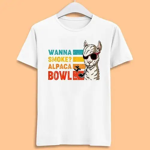 Wanna Smoke Alpaca Bowl Smoking Llama Sunglasses Gangster Funny Meme Gamer Movie Music Top Adult T Shirt 7079