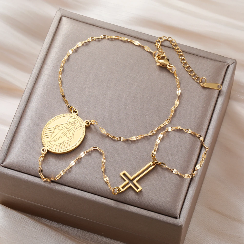 داوابارا مريم العذراء سلسلة اليد الصليب سوار المجوهرات المسيحية الدينية هدية عيد الميلاد الفولاذ المقاوم للصدأ #4