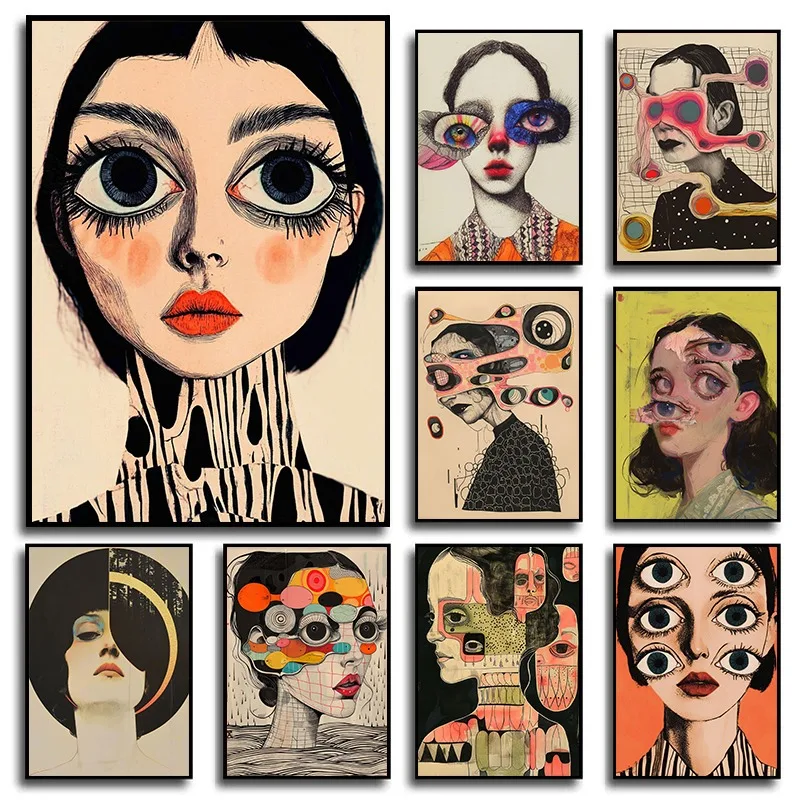 Abstraktes Cartoon-Horror-Frauenauge Porträt Leinwanddruck Wandkunst Poster Moderner Anime-Stil Zeitgenössisches Kunstwerk für Heim-Deko