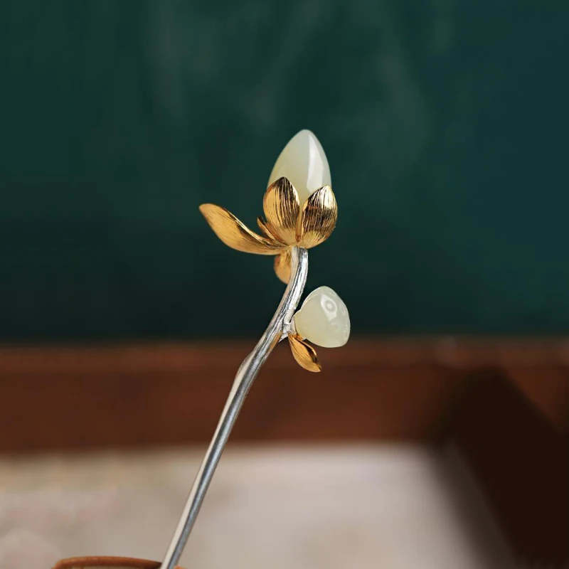 جديد الطبيعية Hetian اليشم لوتس دبوس الشعر تيارا السيدات الشعر مجوهرات الرجعية أنيقة النمط الصيني hanfu اكسسوارات هدية الزفاف #4