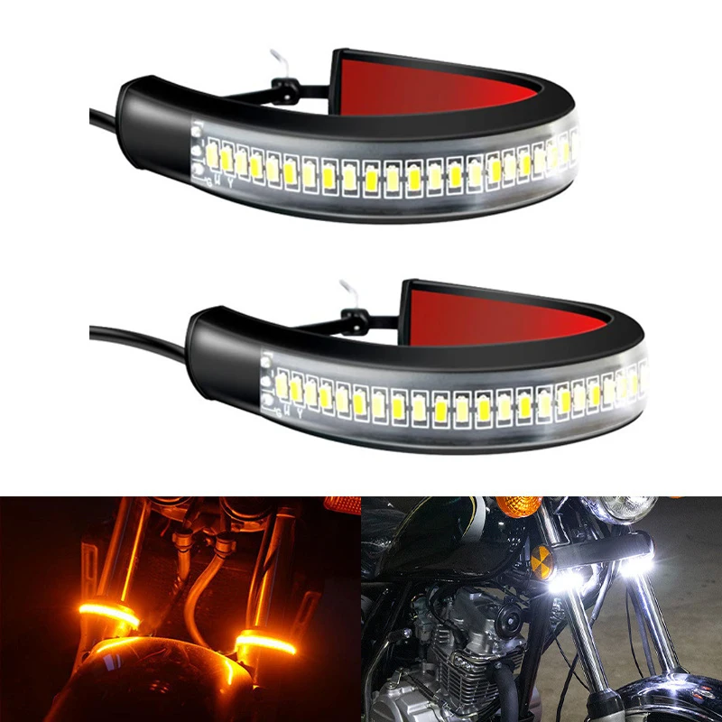 1/2Pcs Universal LED Ring Fork Strip Lamp Flash Blinker Motorcycle Turn Signal Light & DRL Amber White Moto Auto Accessories 12V