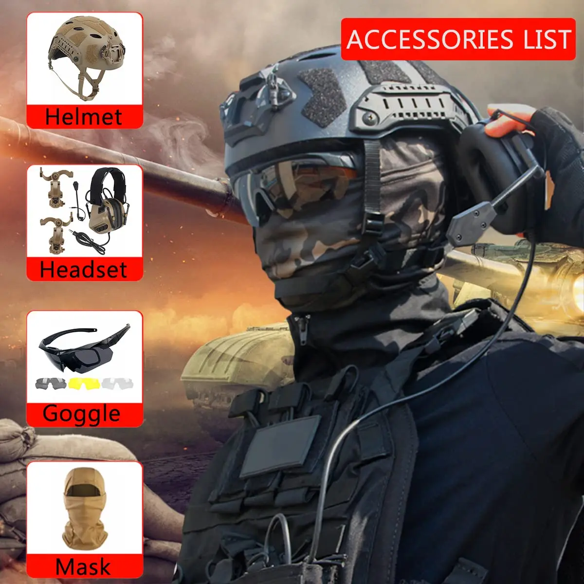 FAST SF Full Protection Tactical Helmet Set,with Airsoft Headset&Three Lenses Goggle&Tactical Mask,for Paintball Military Set