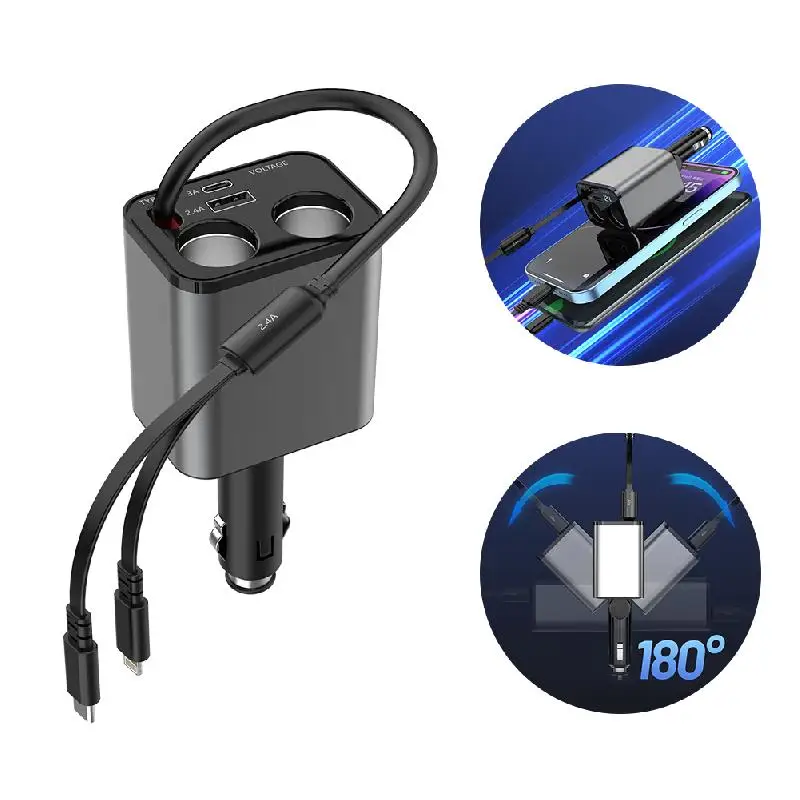 5 In 1 Car Cigarette Lighter 160W Fast Charging Car Charger Retractable Car Charger, Suitable For IPhone Android All Car Devices