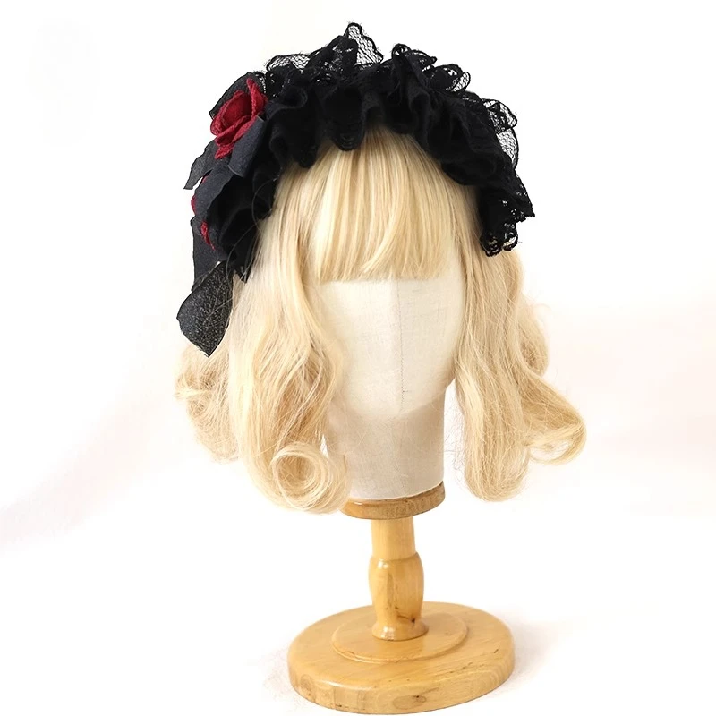 오리지널 블랙 앤 레드 레이스 로리타 헤드피스 인형 스타일 리본 팔찌 KC 고딕 로 마더 할로윈 헤어 액세서리