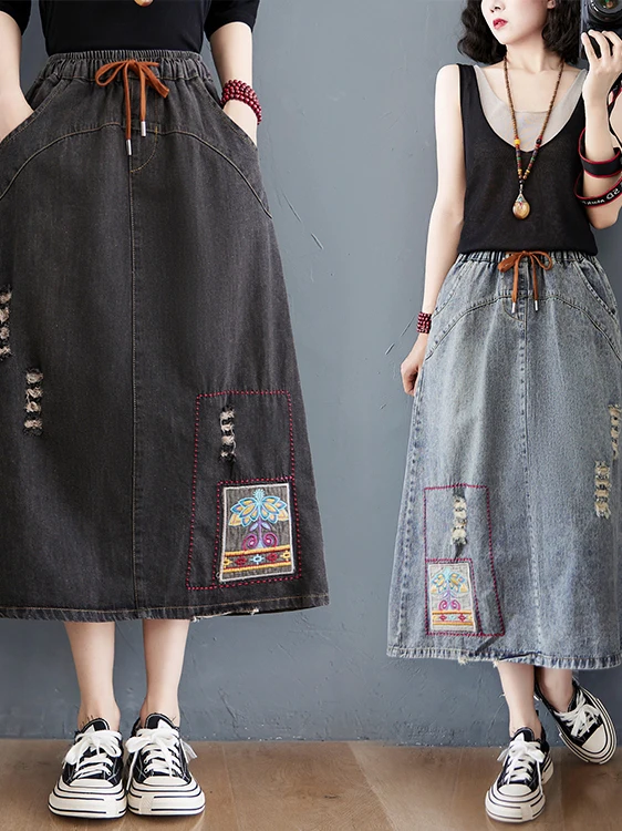 Retro bestickter Jeansrock für Damen, lässig, locker, A-Linie, Midirock, schlankmachend, hohe Taille, Vintage, Frühling, Sommer, Herbst, neue Ankunft...