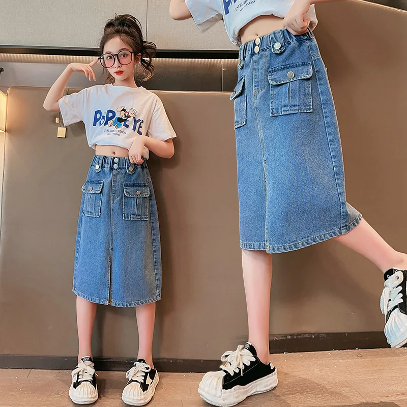 

Children's Elastic Waist Knee-length Skirts With Hip , Summer Girl's Solid Color Split Skirt , Kid's Loose Fashion Clothes H7