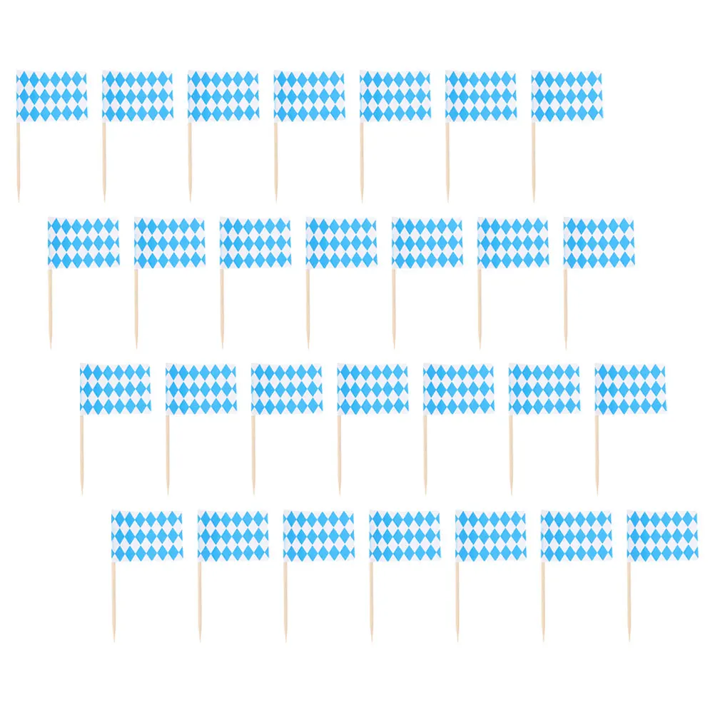 

100pcs Blue White Plaid Toothpick Flag Wood Fruit Stick Cake Toppers Picks for Dessert Fruits Barbecue Snacks Oktoberfest Party