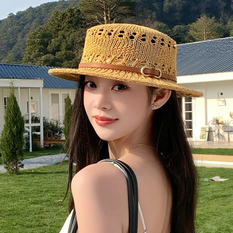 2026 Flat Top Sun Hat Delicate Weaving Straw Hat Summer Straw Hat Pearl New Elastic Ribbon Hat Sombreros Chapeau Femme