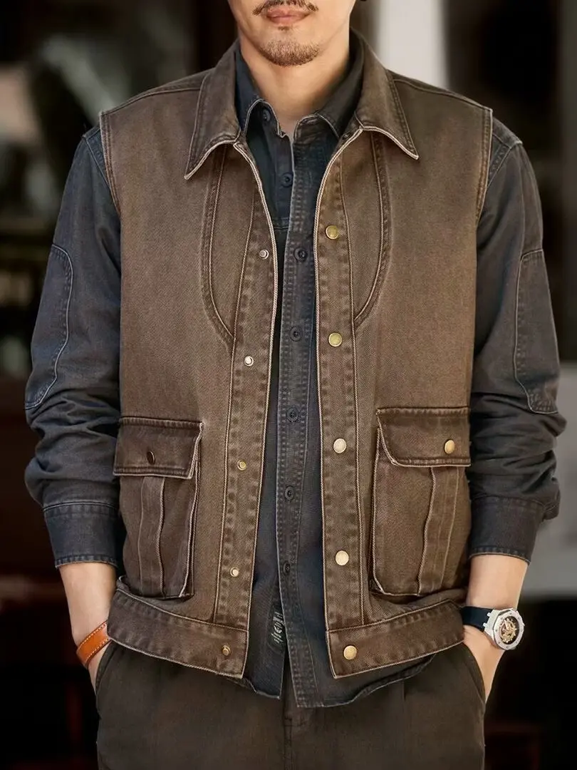 

Мужская джинсовая жилетка в американском ретро-стиле, новинка весенней коллекции, модная уличная повседневная куртка свободного кроя с множеством карманов, из джинсовой ткани.