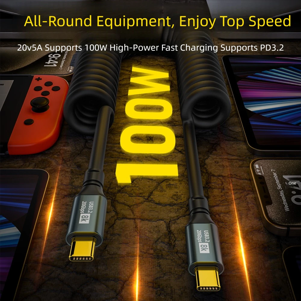 100W Type-C To Type-C Spring Data Cable Supports 8K Screen Mirroring USB-C Car Cable Suitable for Samsung Phone Charging Cables