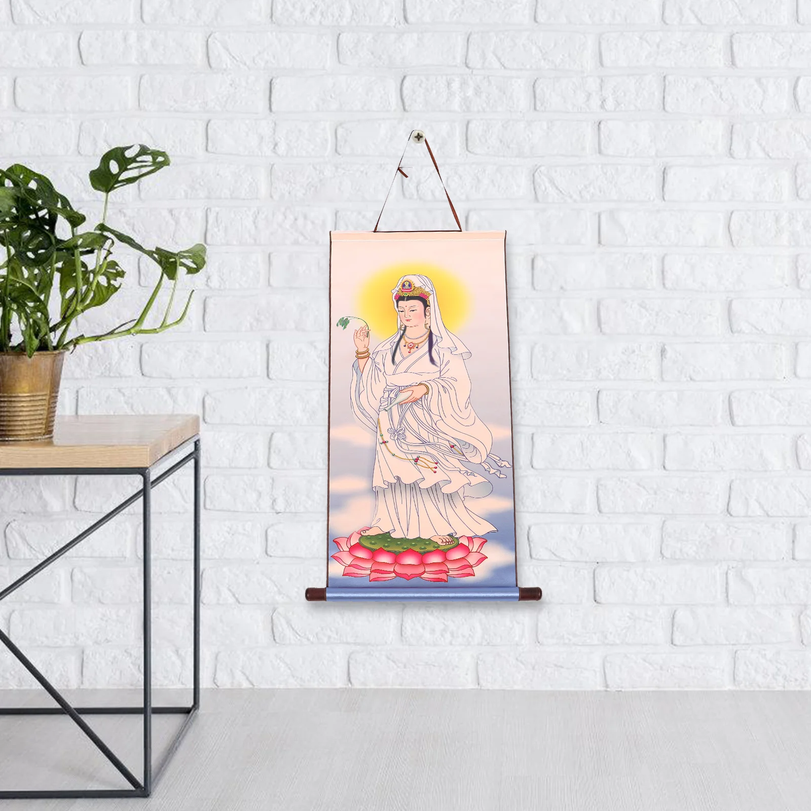 

Guanyin Buddha Statue Hanging Painting Decorative Wall Hangings Aesthetic Decor; Scroll Background Ornament Wooden Mount