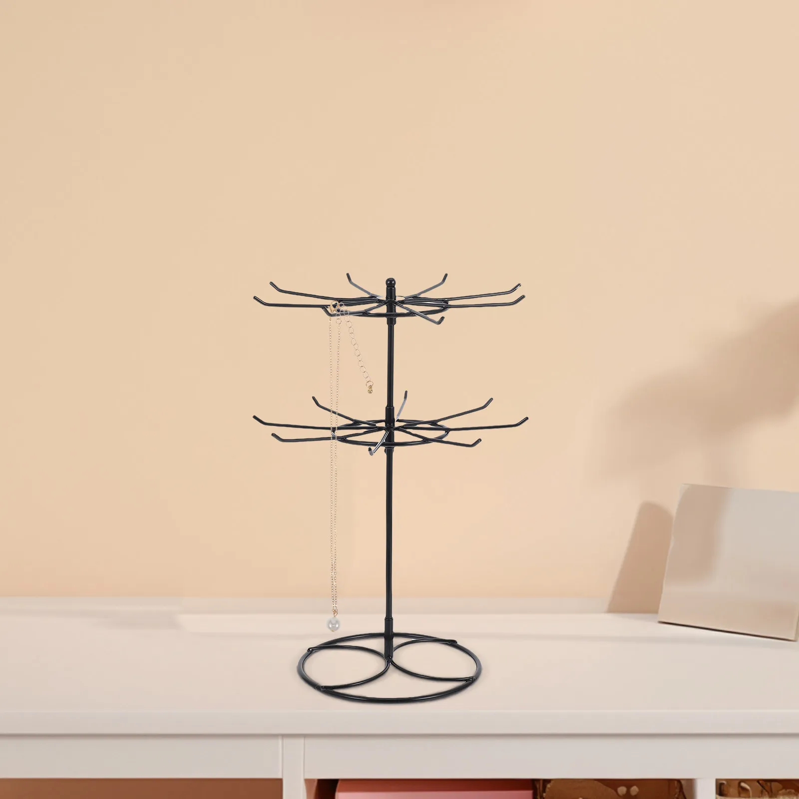Rotating 2-Tier Jewelry Display Stand Metal Multi-Layer Organizer for Necklaces Bracelets Earrings Keychains Hair Ties Stylish