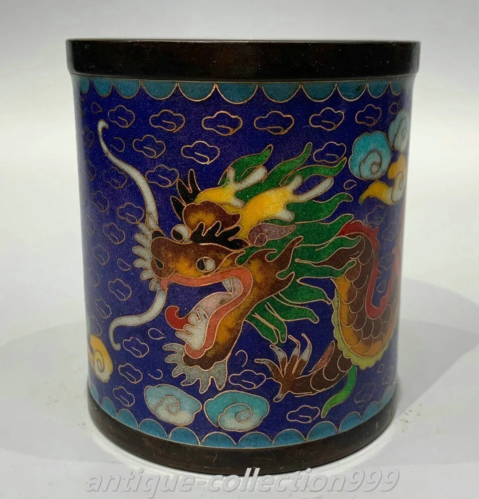 

4. Inch Qianlong Bronze Cloisonne Enamel Dragon Beast Brush Can Pencil Holder Vase -