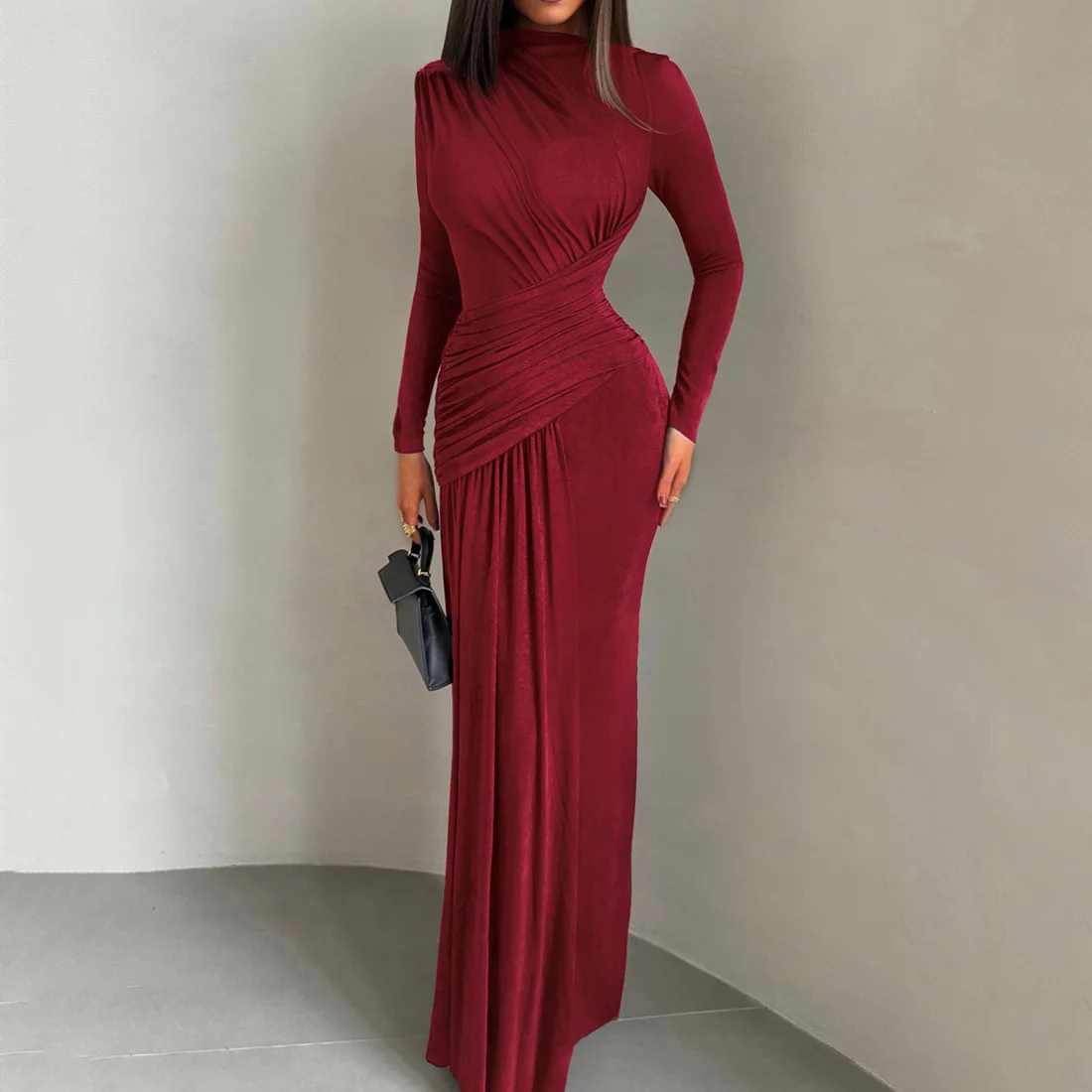 エレガントなマキシ丈ワンピース レディース プリーツ 長袖 Oネック イレギュラー スリム ヒップラップワンピース 2025年秋新作 シックなレディース プロムガウン