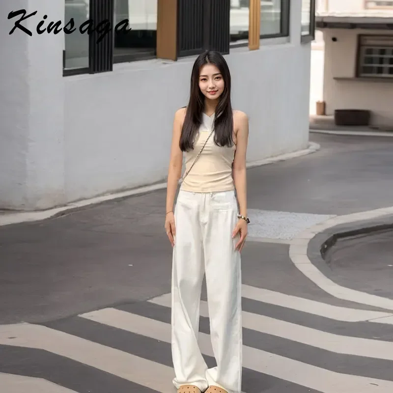 Kinsaga High Waist White Wide Leg Jeans Women Korean Style Pear Shape Straight Slimming Drape Mopping Pants Extra Long Trousers