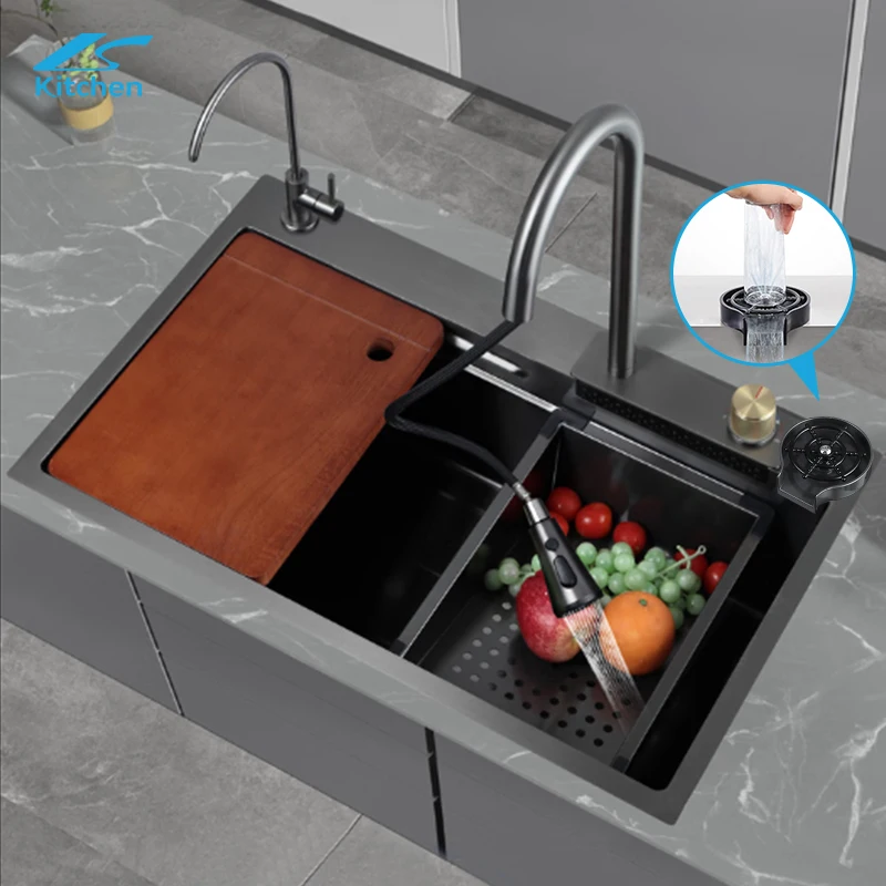 

Handmade 304 Stainless Steel Above Mount Waterfall Faucet Farmhouse Kitchen Sink with Cup Washer Nano Step Kitchen Cup Washer