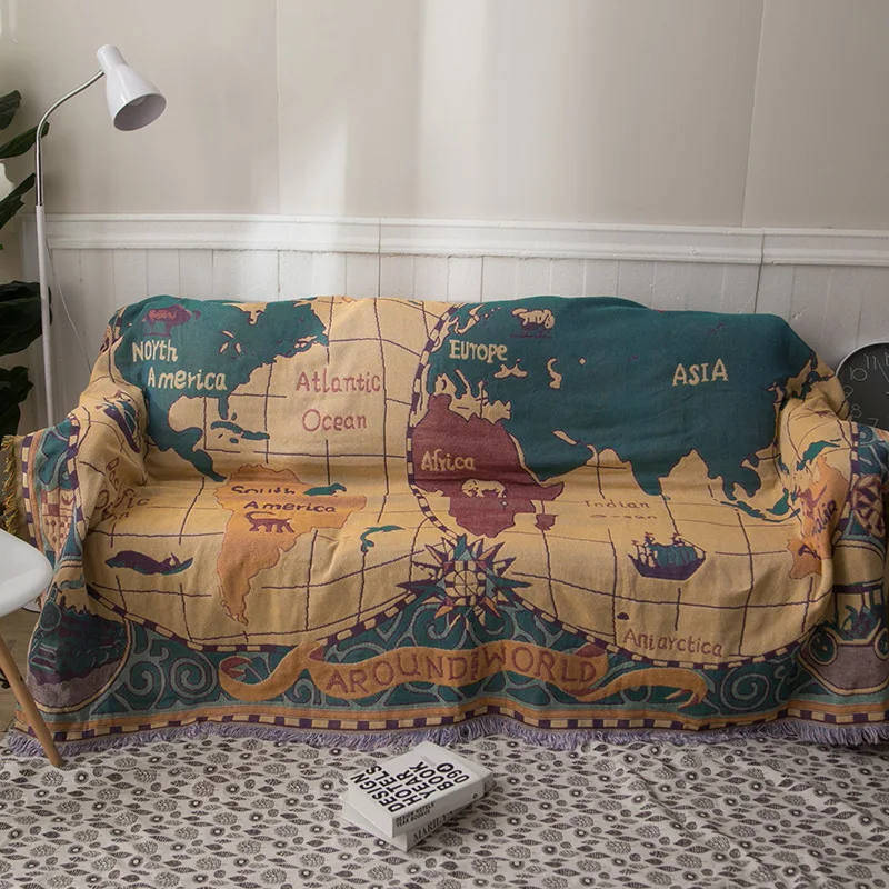 European World Map Blanket Single Sofa Towel Atmosphere Jacquard Woven Throw Blanket Bed Cover Decorative Artistic Tapestry