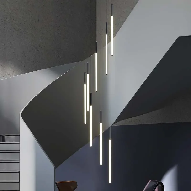Modern Tube LED Branch Chandelier For Staircase Black Line Creative Design Lighting Fixture Indoor Home Lustre Long Hanging Lamp