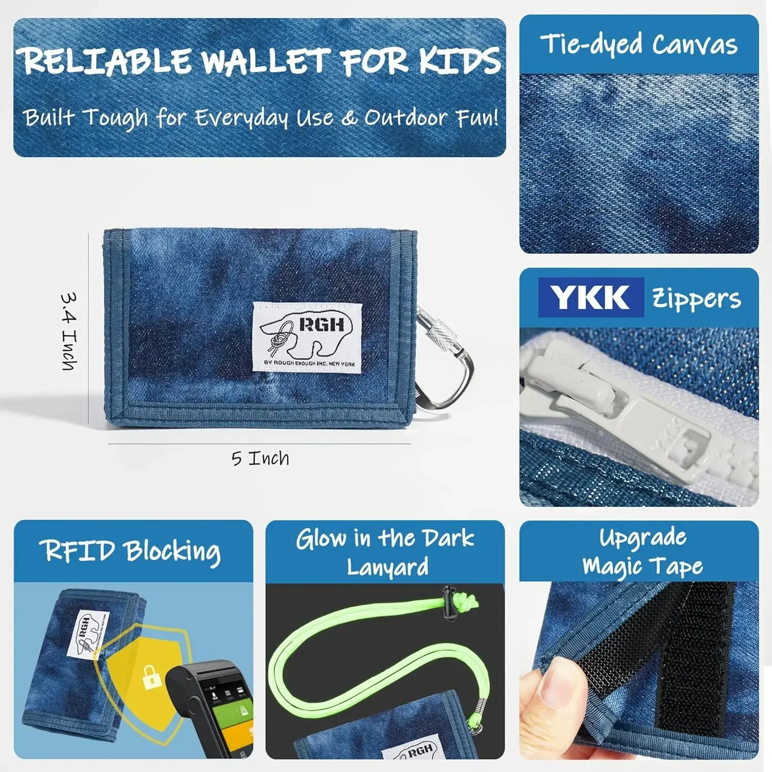 Rough Enough Kids Wallet for Boys Preppy Teens RFID Blocking with Glow in the Dark Lanyard Keychain RE8739
