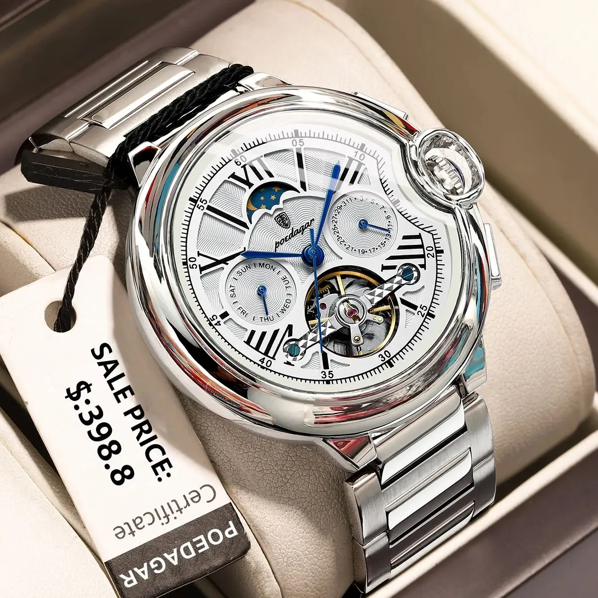 Reloj POEDAGAR Tourbillon de lujo para hombre, reloj de pulsera mecánico hueco automático, relojes de acero inoxidable resistentes al agua con fecha y semana para hombre