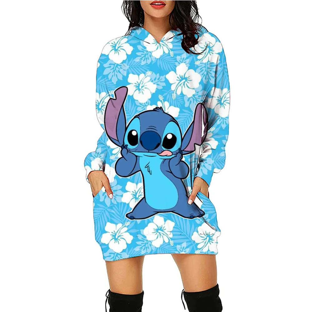 Kawaii Disney Stitch Damen Hoodies Kleid Damen Mode Freizeit S-3XL Jugendliche Frau Kleidung Schöner schwarzer Hoodie Winter Y2k