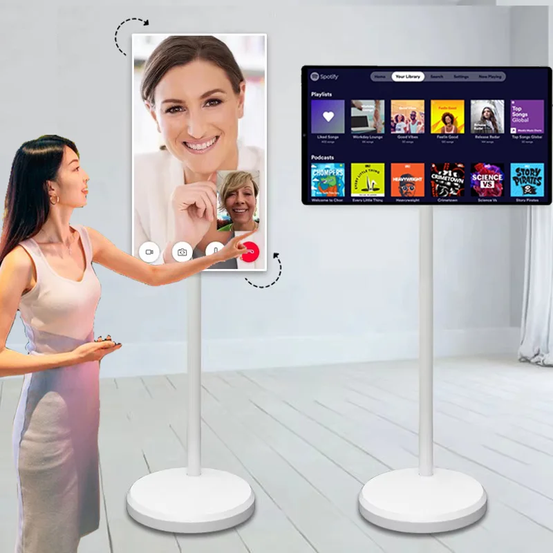 21.5 Inch Portable Digital Signage Display Rotating Android TV On Wheels White Mobile Television Built-In Speaker Smart TV