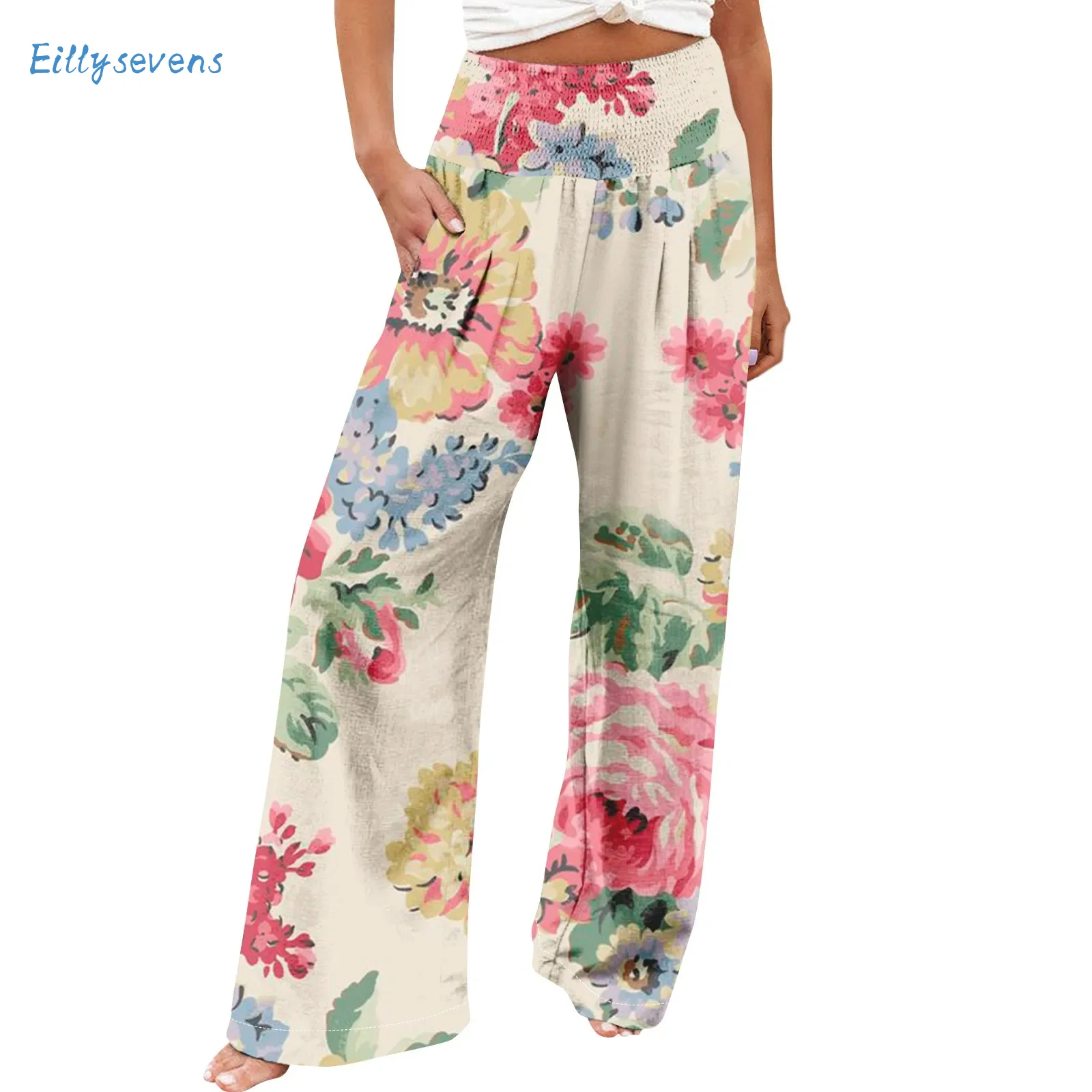 Women'S High Waist Trousers Causal Loose Wide Leg Pants Summer Daily Regular Flower Printed Elastic Waist Pants With Pockets