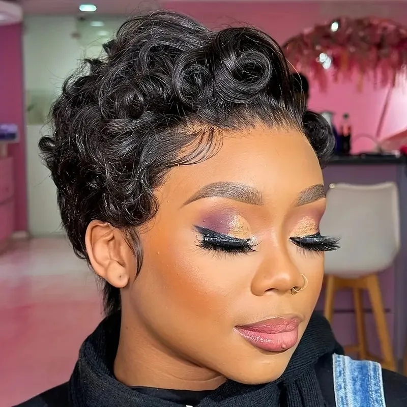 

Short Pixie Cut Wig Lace Front Human Hair Fumi Curly Human Hair Natural Black 13x1 Part Lace Wigs For Women Loose Curly Wig