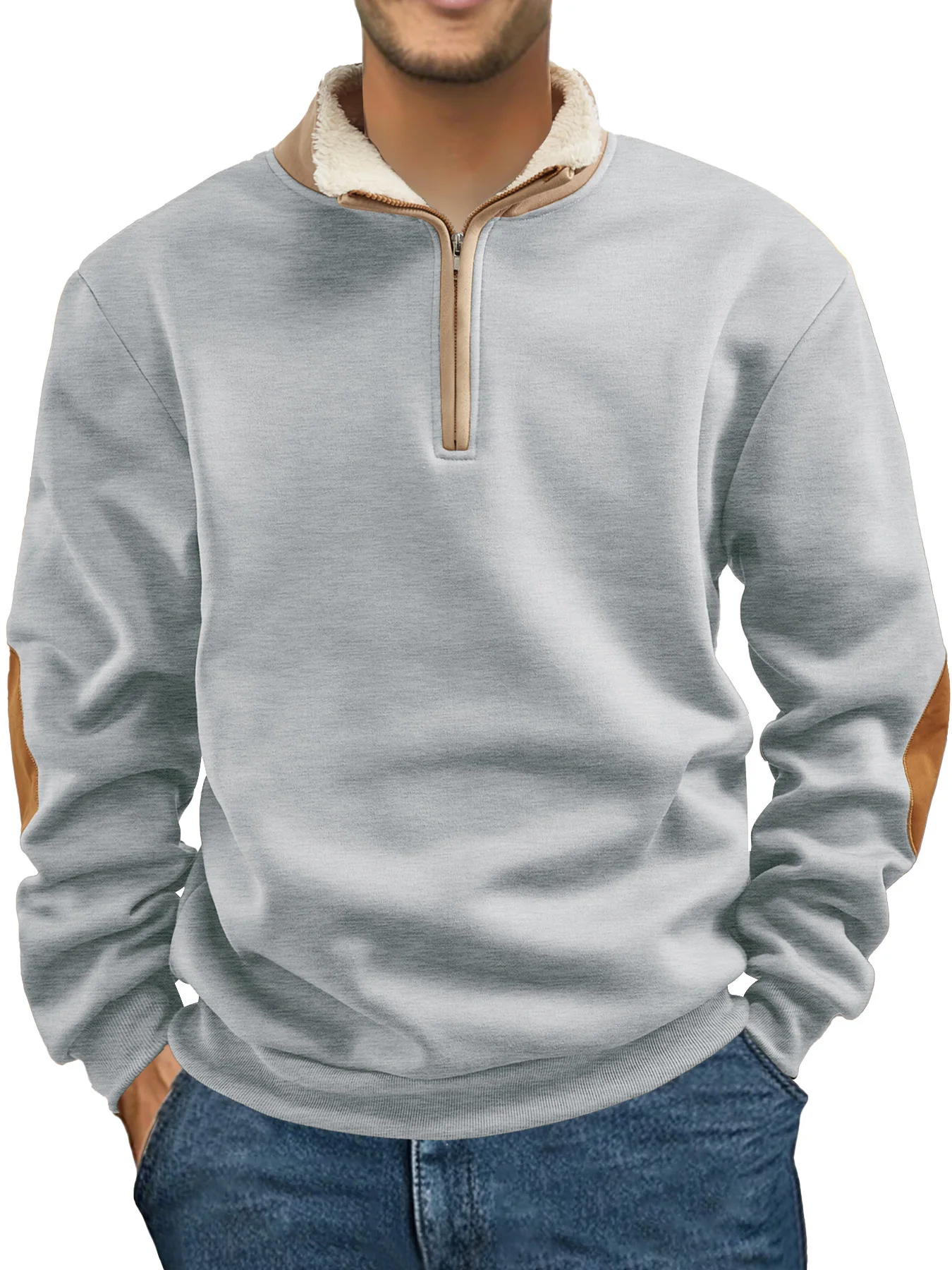 Men's Retro Half Open Hoodie Long sleeve stitching color block Standing collar with velvet Casual fashion men's wear Hot sale