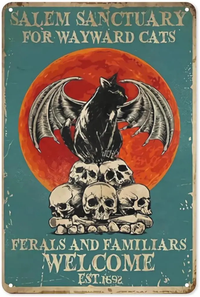 NEZIH Vintage Tin Sign Coffee Black Cat Metal Poster Sanctuary for Wayward Cats Poster Ferals and Familtars Welcome Poster
