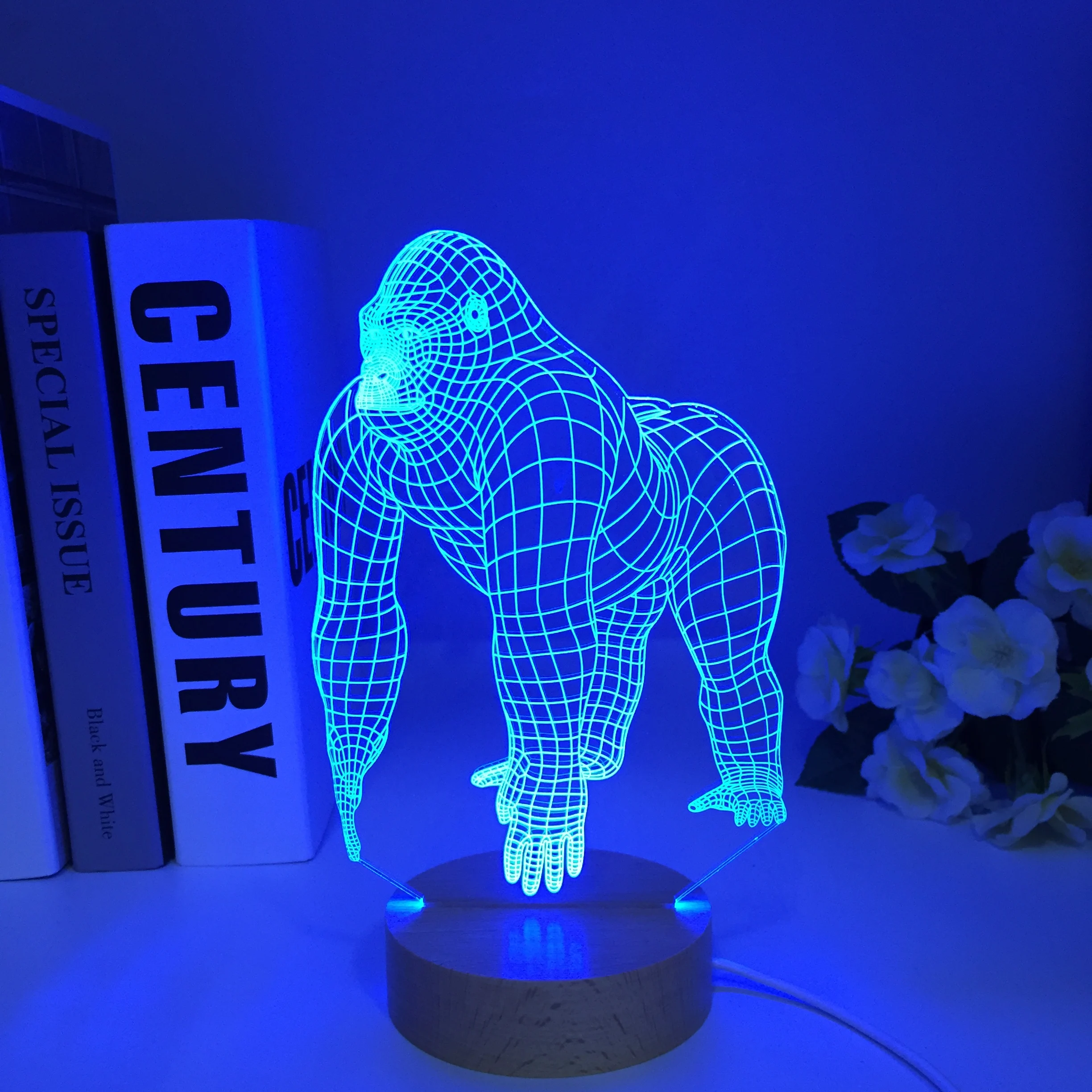 Animal Orangutan Gorilla Chimpanzee Round Wooden 3D USB LED Lamp Touch Wood Color Changing Mood Illusion Table Decor Night Light