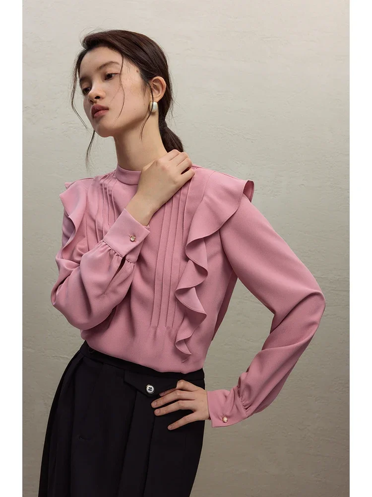 ZIQIAO Stand Collar Women White Sweet Winter Long Sleeve Blouses Ruffle Design Female Pink Temperament Office Lady Shirts