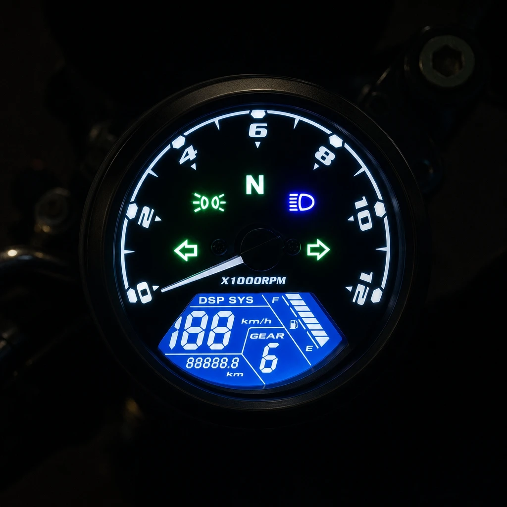Universal 12V Round Retro Motorcycle LCD Speedometer Tachometer Odometer Fuel Level Gauge Modified Digital Instrument For Cafe R view 5