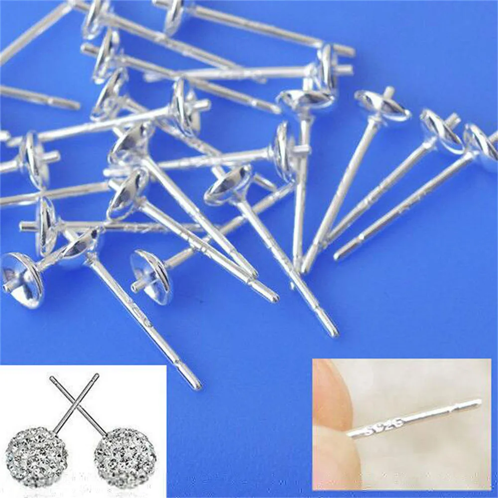 50PCS Engraving 925 Sterling Silver Earring Base Cabochon Blank Settings Round Pad Stud Earring Post DIY Components Findings