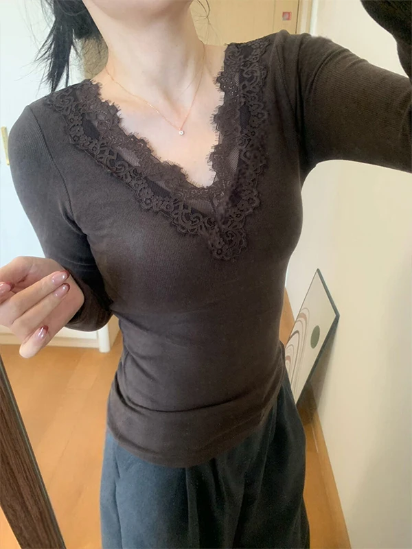 Pure Desire Spitzenbesatz Brustpolster V-Ne Long Sve Strickpullover Damen Winter Slim Fit Base Giic Gut aussehendes Top