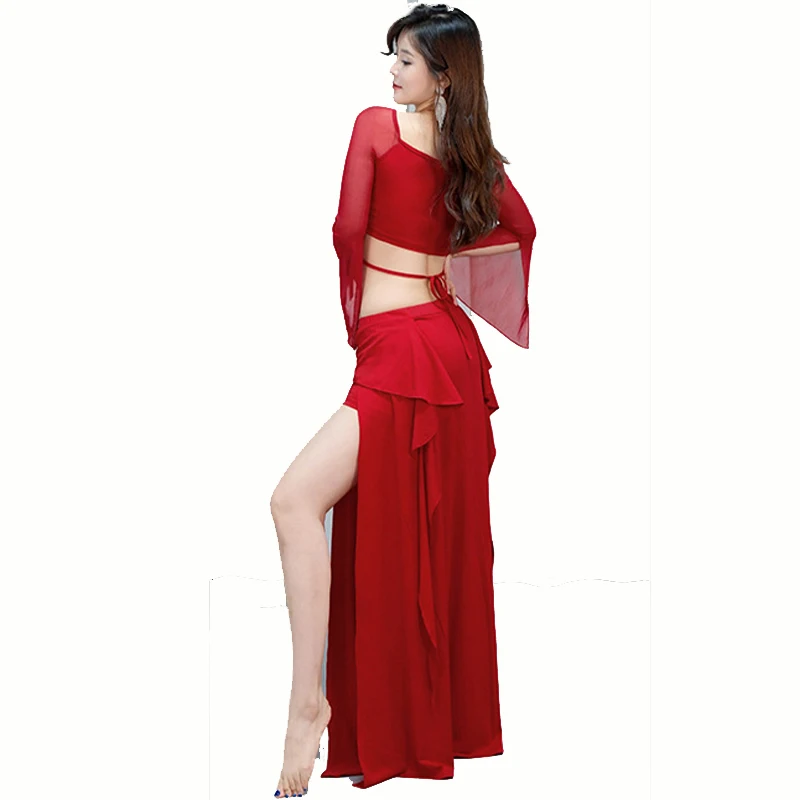 Traje de performance de dança do ventre, manga longa, top e saia, conjunto de 2 peças para mulheres adultas, roupa de malha sexy para palco, roupas de prática