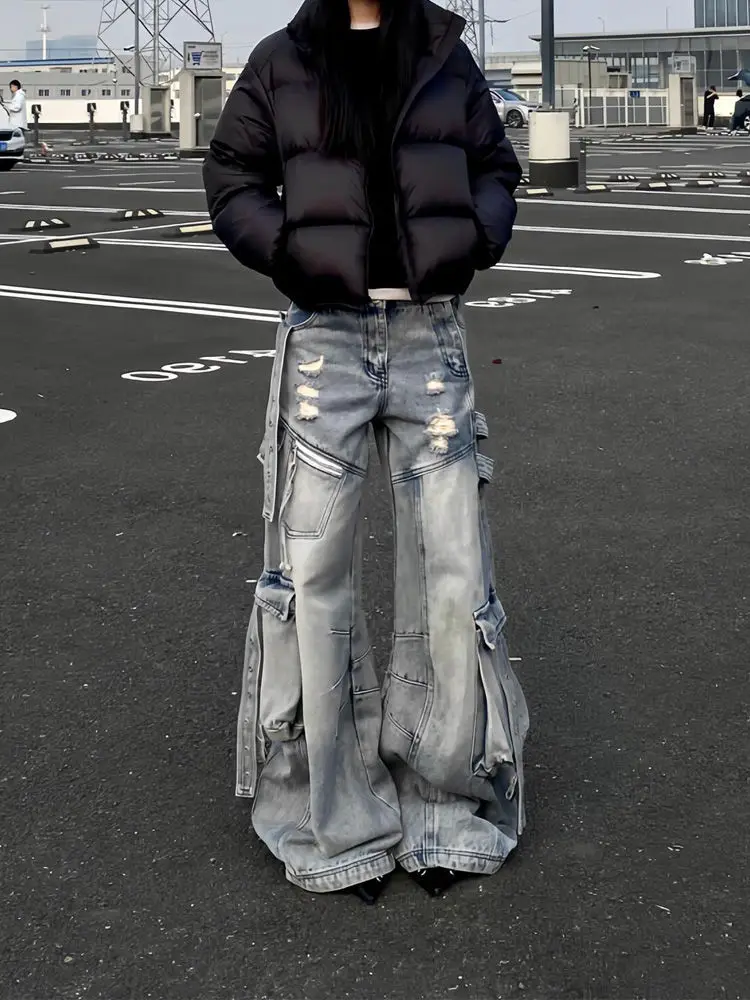 

Hip hop Streamer Multiple Pockets Hole Women's Cargo Jeans Heavy Industry Punk Harajuku Cargo Pants for Men And Women