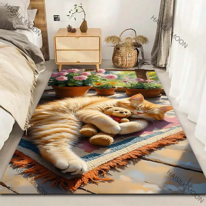 Cute Orange Cat in The Afternoon Printed Carpet Living Room Bedroom Sofa Rug Decor Non-slip Floor Mat Gifts for Family Friends