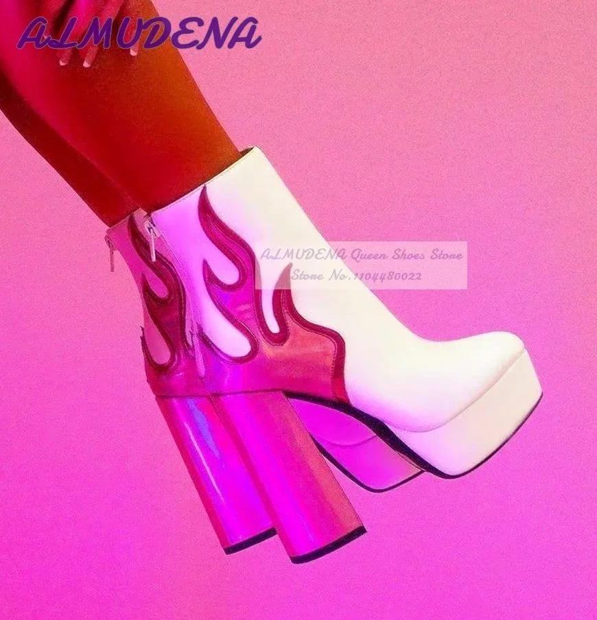 

ALMUDENA Hot Pink Green Flame Pattern Ankle Boots Strange Chunky Heel Color Patchwork Short Booties Platform Dress Shoes Size47